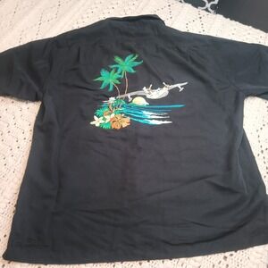 Go Barefoot Coconut Button Shirt‎ Mens XL Embroidered Airplane Flying Pocket Blk